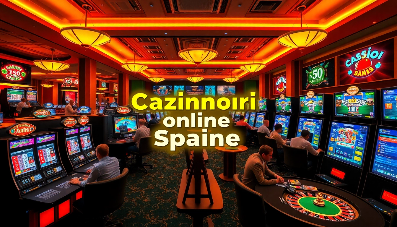 Cazinouri online Spania atmosphere with players enjoying various games like slots, blackjack, and roulette.