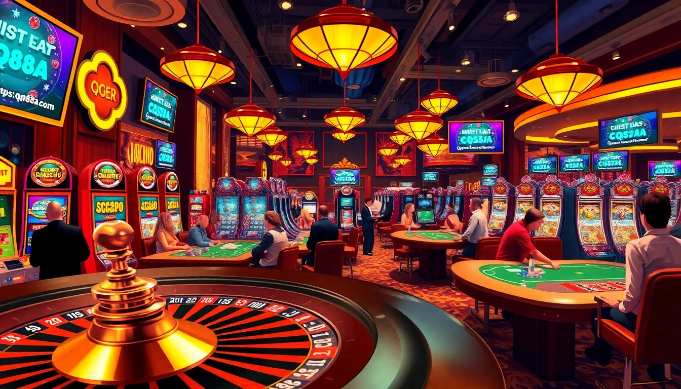 Experience the excitement of winning at the casino floor with https://qq883a.com/ showcased amidst vibrant slot machines and poker tables.