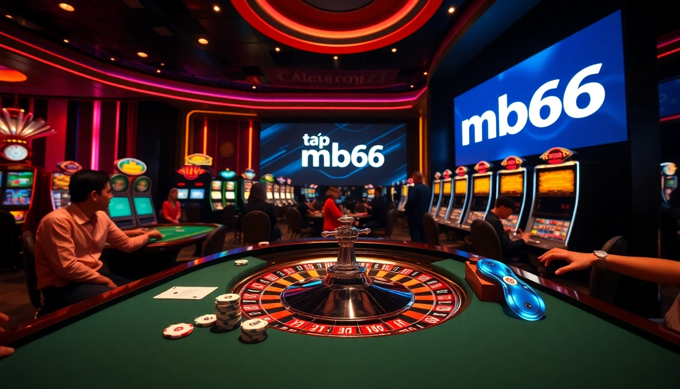 Experience thrilling gameplay with tải app mb66 at our casino tables, featuring roulette, poker chips, and vibrant slot machines in action.