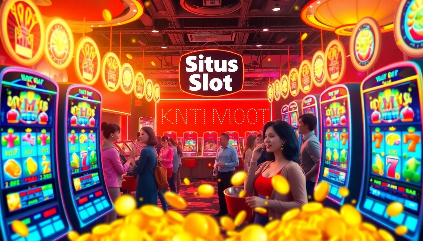 Excited players enjoying vibrant situs slot games at a lively online casino.