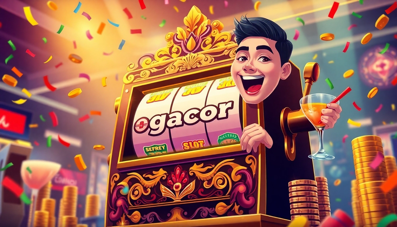 Winning big with a slot gacor, a vibrant slot machine surrounded by tokens and confetti.