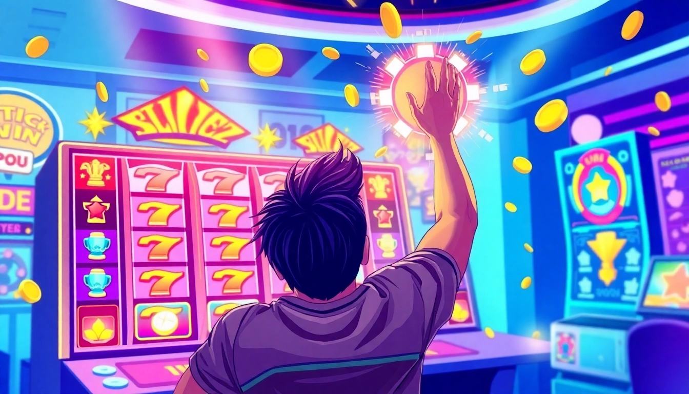 Engage in Slot Gacor action with vibrant reels and a player celebrating a jackpot win.